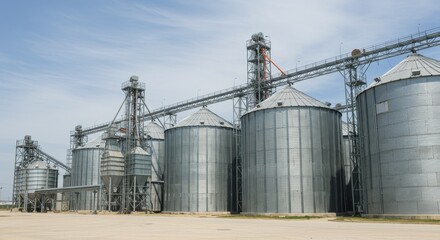 Modern Granary Elevator with Silver Silos at Agro-Processing and Manufacturing Plant for Grain Drying, Cleaning, and Storage of Agricultural Products, Flour, Cereals, and Seeds