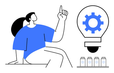Woman pointing up, lightbulb with cogwheel symbolizing innovation, small jars reflecting products. Ideal for creativity, brainstorming, innovation, business strategy, product development, ideas
