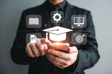 Elevating Education A Person's Hand Holding a Smartphone with Education Icons Floating Above it in a Modern Style