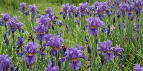 Fototapeta premium Busy bees gather nectar from vibrant purple irises blooming in a lush green meadow , invertebrate, honeybees