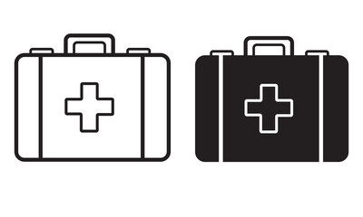 First aid kit icons two styles black and white medical emergency supplies aid bag