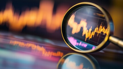 Magnifying glass over stock market graph; analyzing financial data, investment, trends, and market research.