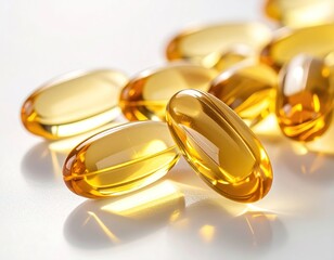 Close-up of golden translucent softgel capsules scattered on a pristine white surface, highlighting essential health supplements for daily wellness and nutritional support