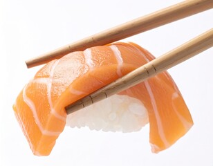 A Close-Up Angled Shot of Wooden Chopsticks Holding a Piece of Delicious Salmon Nigiri Sushi, Isolated on a White Background