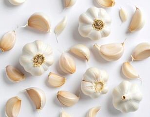 Vibrant flat lay of fresh organic garlic bulbs and individual cloves artfully arranged on a clean white background, highlighting its essential role in healthy cooking and culinary flavors