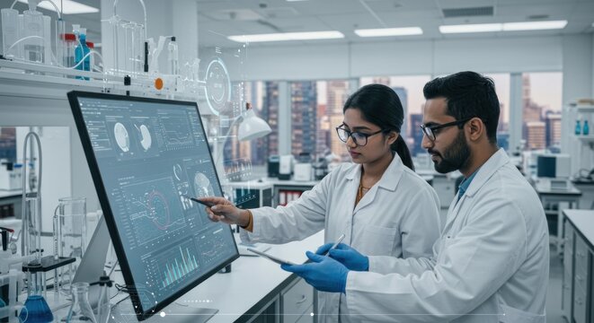 Two scientists analyze data on a large monitor in a modern lab