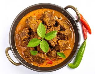 Delicious beef rendang cooked in a rich coconut curry paste, garnished with fresh basil and served with spicy chili peppers