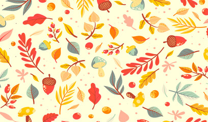 Seamless pattern of delicate autumn leaves and botanical elements in soft orange tones. Ideal for backgrounds, wallpapers, fabric prints, stationery, and seasonal design projects with a natural.