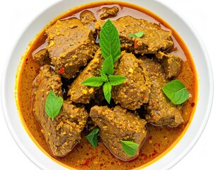 Delicious Rendang, a Traditional Indonesian Beef Curry Dish Garnished with Fresh Mint Leaves, Presented in a White Bowl