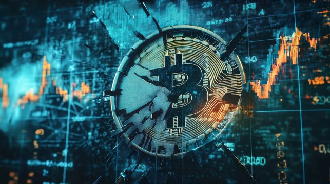 Shattered Bitcoin cryptocurrency amidst volatile market data.