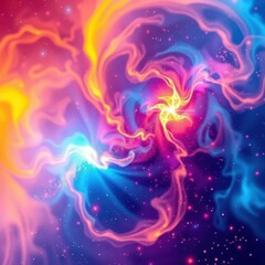 Abstract swirling nebula of vibrant, glowing energy with scattered star-like lights, radiance, galaxy