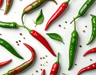 Close-up of Fresh Chili Peppers A Vibrant Flat Lay on White