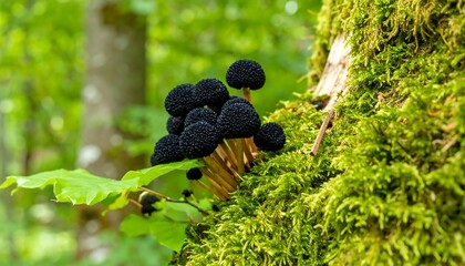 Black Mushrooms on Mossy Tree Trunk.