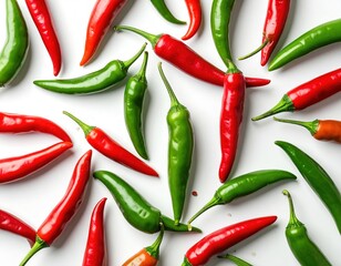 A vibrant flat lay close-up showcases a scattered assortment of fresh, ripe red and green chili peppers on a clean white background, highlighting their natural texture and vivid colors