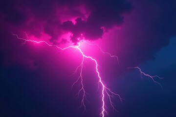 Bright pink neon lightning bolts streak across a dark, cloudy sky , storm, cosmic, intense
