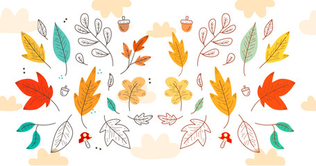 Collection of colorful autumn leaves and berries in various shapes and shades of orange, red, yellow, brown, and purple. Perfect for seasonal design, decorations, and fall-themed projects.