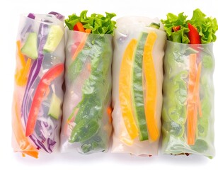 Close-up view of delicious, healthy fresh spring rolls filled with vibrant vegetables, isolated on a white background