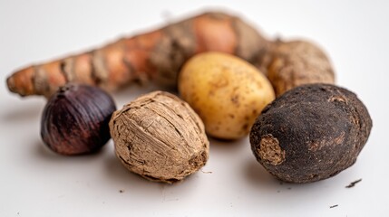 Freshly harvested root vegetables displayed on white background