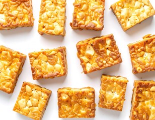 Delicious fried tempeh slices, a protein-rich Indonesian food, arranged on a clean white surface, highlighting its crispy texture and nutty flavor
