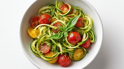 Zucchini noodles with pesto and cherry tomatoes in a white bowl