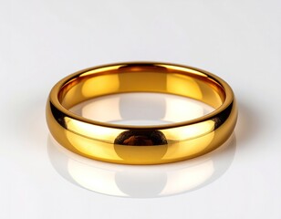 A pristine, gleaming gold band ring, reflecting light on a clean white surface, symbolizing commitment and elegance