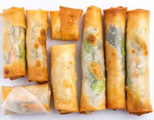 Golden fried spring rolls, sometimes called lumpia, arranged in a neat flat lay on a bright white background, highlighting their delicious crispy texture and savory fillings
