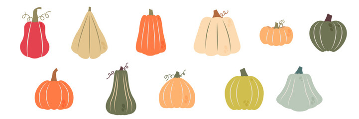 Charming assortment of hand-drawn pumpkins and gourds in warm autumnal colors&mdash;red, orange, green, beige, and pastel. Playful, flat illustration style perfect for fall and harvest themes.