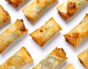 Flat lay close-up of crispy golden fried spring rolls, also known as egg rolls, arranged neatly on a pristine white background, showcasing their delicious texture and savory filling
