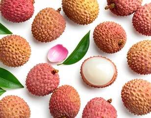 Vibrant Lychees A Refreshing Close-Up Flat Lay with Leaf and Petal Accents