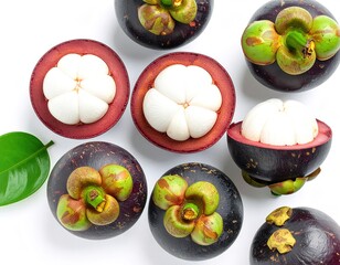 Flat lay of mangosteens showing white flesh, isolated on white, healthy tropical fruit