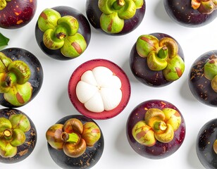 Delicious and exotic mangosteen fruits are showcased in a top-down flat lay, with one fruit perfectly halved to reveal its juicy white segments