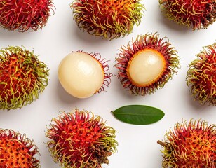 Exotic Rambutan Fruit Flat Lay of Tropical Delights on White
