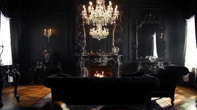 Opulent dark living room interior with luxurious black baroque furniture, a cozy fireplace, and an extravagant crystal chandelier