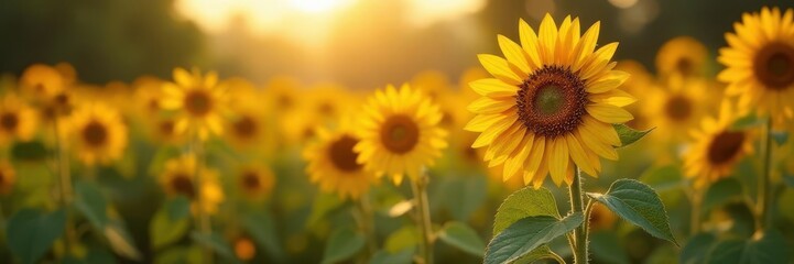 Obraz premium Autumnal sunflowers, heavy heads drooping, golden hues against fading greens , september, close up, late summer