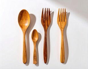 Wooden Cutlery Set Spoon, Fork, and Mini Spoon on a Clean White Background