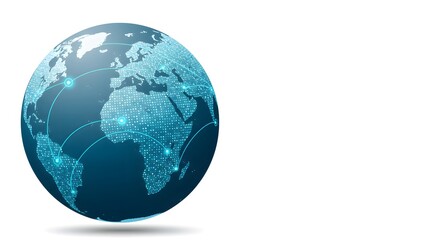 Fototapeta premium Global Network Connections: Futuristic Teal Earth with Data Points and Interconnected Lines.