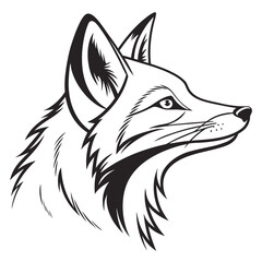 Stylized black and white illustration of a fox s head in profile