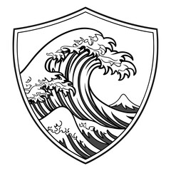 Stylized crest featuring a powerful breaking wave and distant mountain peak