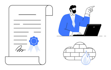Signed document with stamp, businessman at laptop, firewall, and protection sign. Ideal for certification, approval, cybersecurity, contract management, compliance authentication e-signature