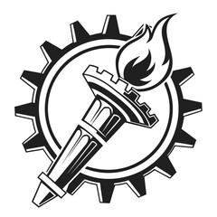 Symbol of a flaming torch held within a stylized gear cogwheel
