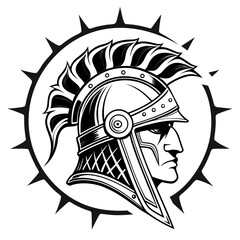 Warrior s profile with spiked halo emblem in black and white