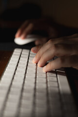Fototapeta premium Hands typing on a keyboard with a mouse nearby in a dimly lit room during late-night work or study session