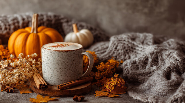 A warm autumn background featuring pumpkins and cinnamon sticks, evoking cozy fall vibes with earthy tones and seasonal comfort.
