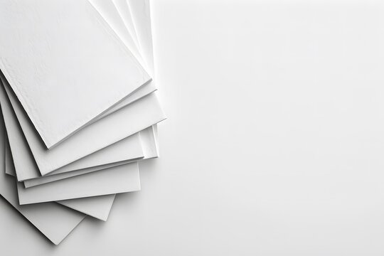 Stack of blank white softcover books gracefully fanned out on a clean white desk surface, creating a bright minimalist mockup template with ample empty space.