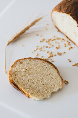 Freshly baked whole grain bread sliced and served with wheat grains on a clean white background