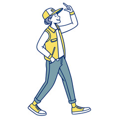 Smiling Young Man Walking in Casual Outfit with Cap, Jacket, Jeans and Sneakers Illustration