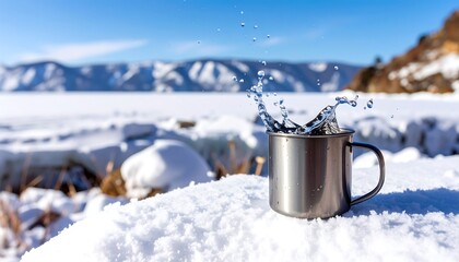 Metal mug with splash of water on snow, mountain backdrop