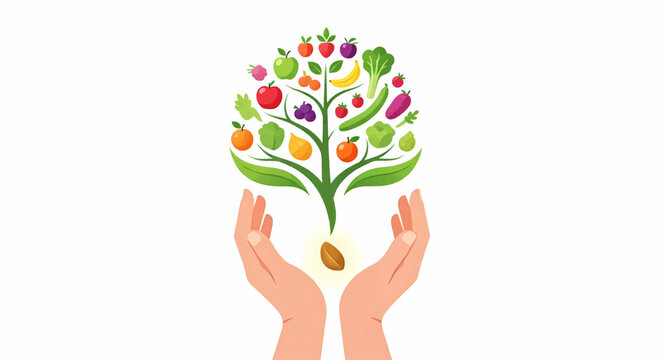 Celebrating World Food Day with hands nurturing a tree of fresh fruits and vegetables, promoting healthy eating and sustainable agriculture