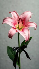 Fototapeta premium Delicate lily bloom with slender petals and a glossy center, tied with a black satin ribbon , lily, ornate, beauty