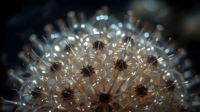 An abstract, close-up image of a cluster of transparent spheres with internal star-like filaments, resembling a dandelion seed head or molecular structure